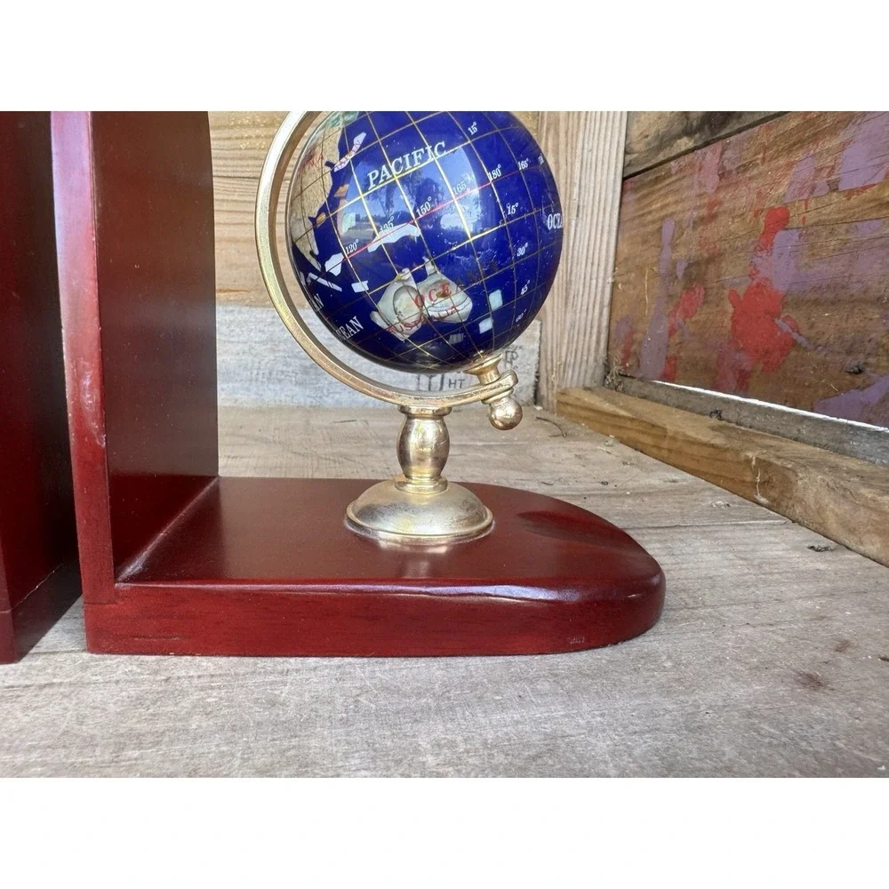 Vintage Gemstone World Globe Bookends, Brass meridian on Wood base